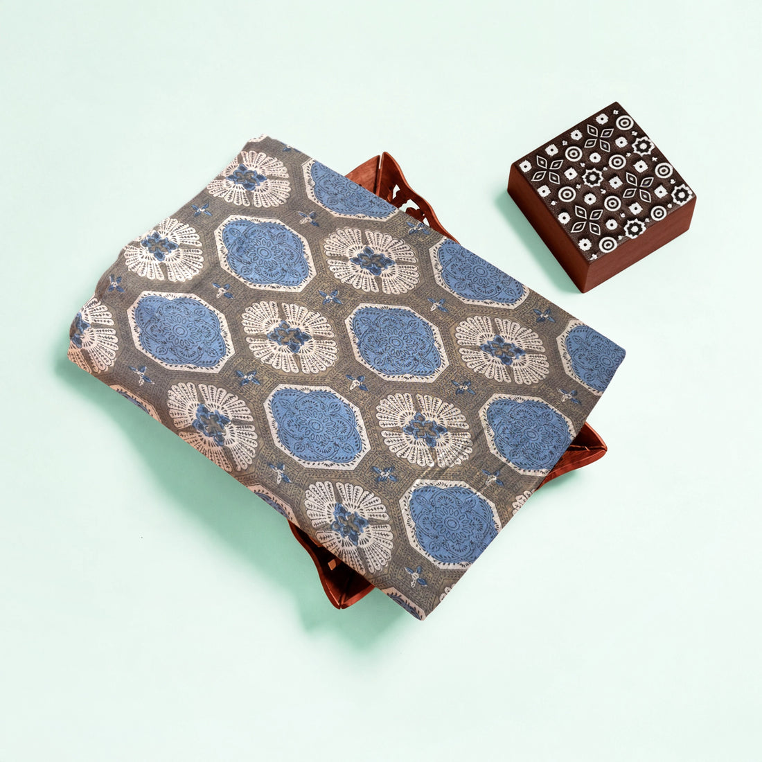 Off white Geometric Natural Dyed Ajrakh Hand Block Print Malmal Fabric
