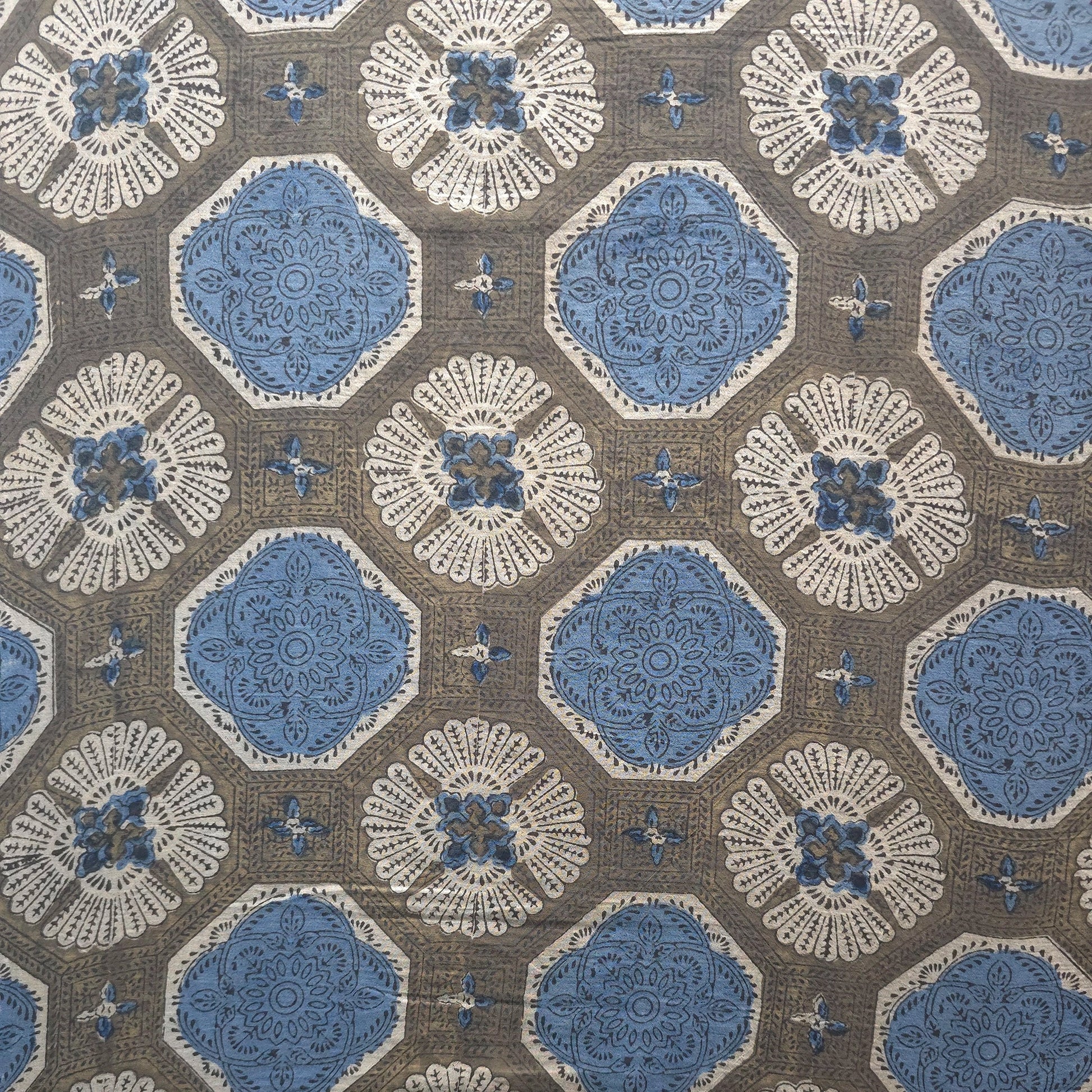 Off white Geometric Natural Dyed Ajrakh Hand Block Print Malmal Fabric