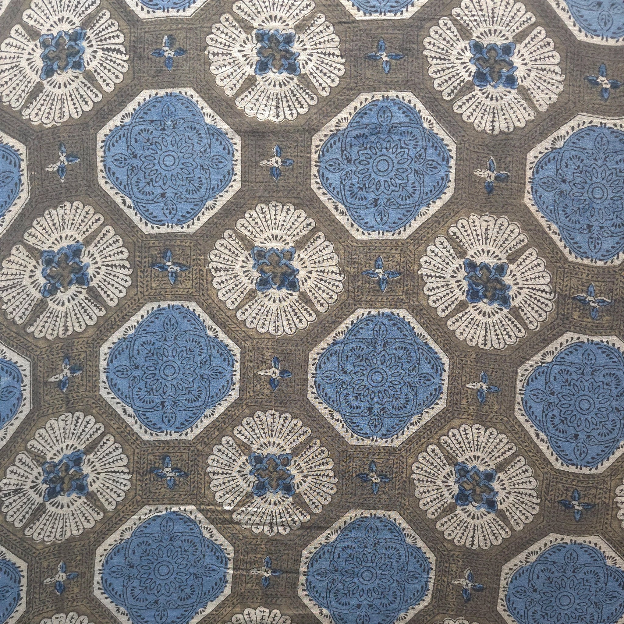 Off white Geometric Natural Dyed Ajrakh Hand Block Print Malmal Fabric