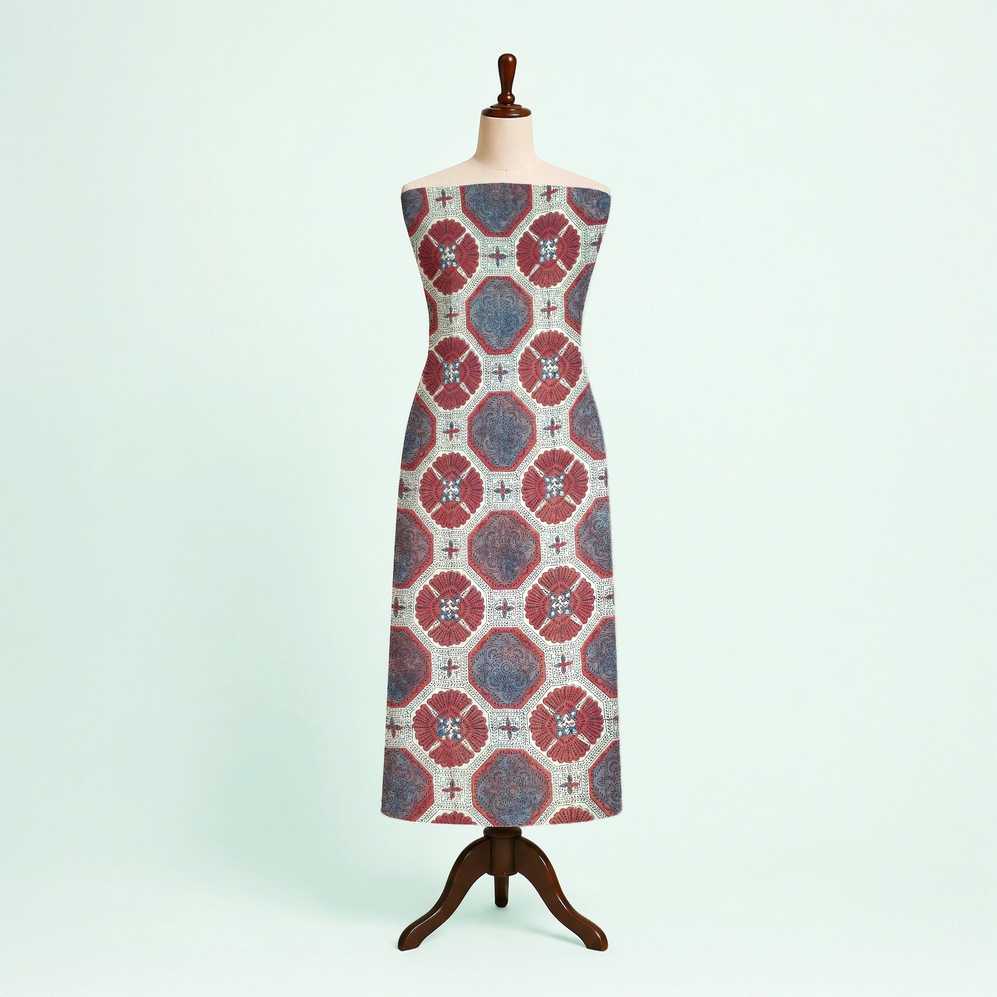 Off white Red Geometric Natural Dyed Ajrakh Hand Block Print Malmal Fabric