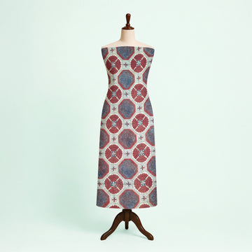 Off white Red Geometric Natural Dyed Ajrakh Hand Block Print Malmal Fabric