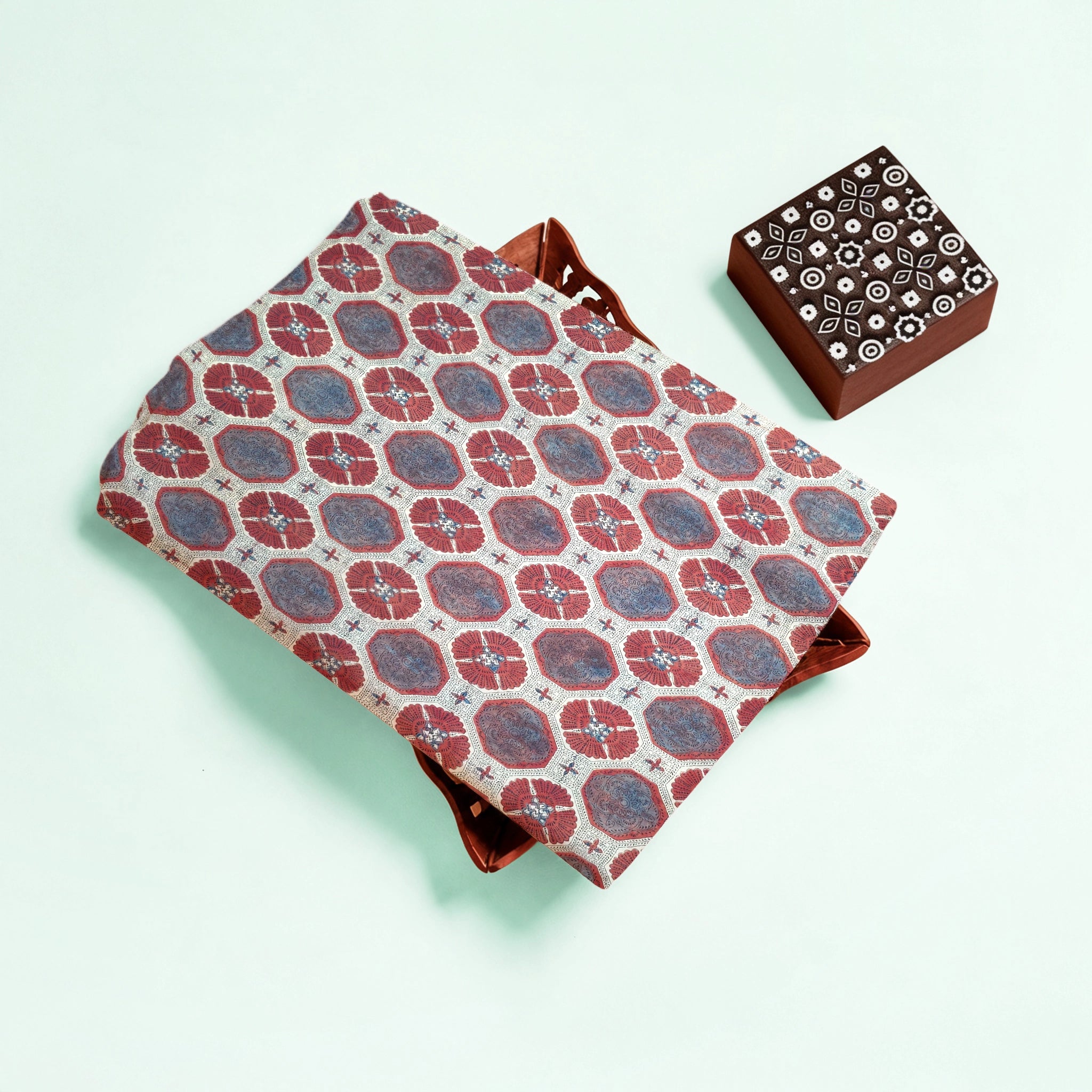 Off white Red Geometric Natural Dyed Ajrakh Hand Block Print Malmal Fabric