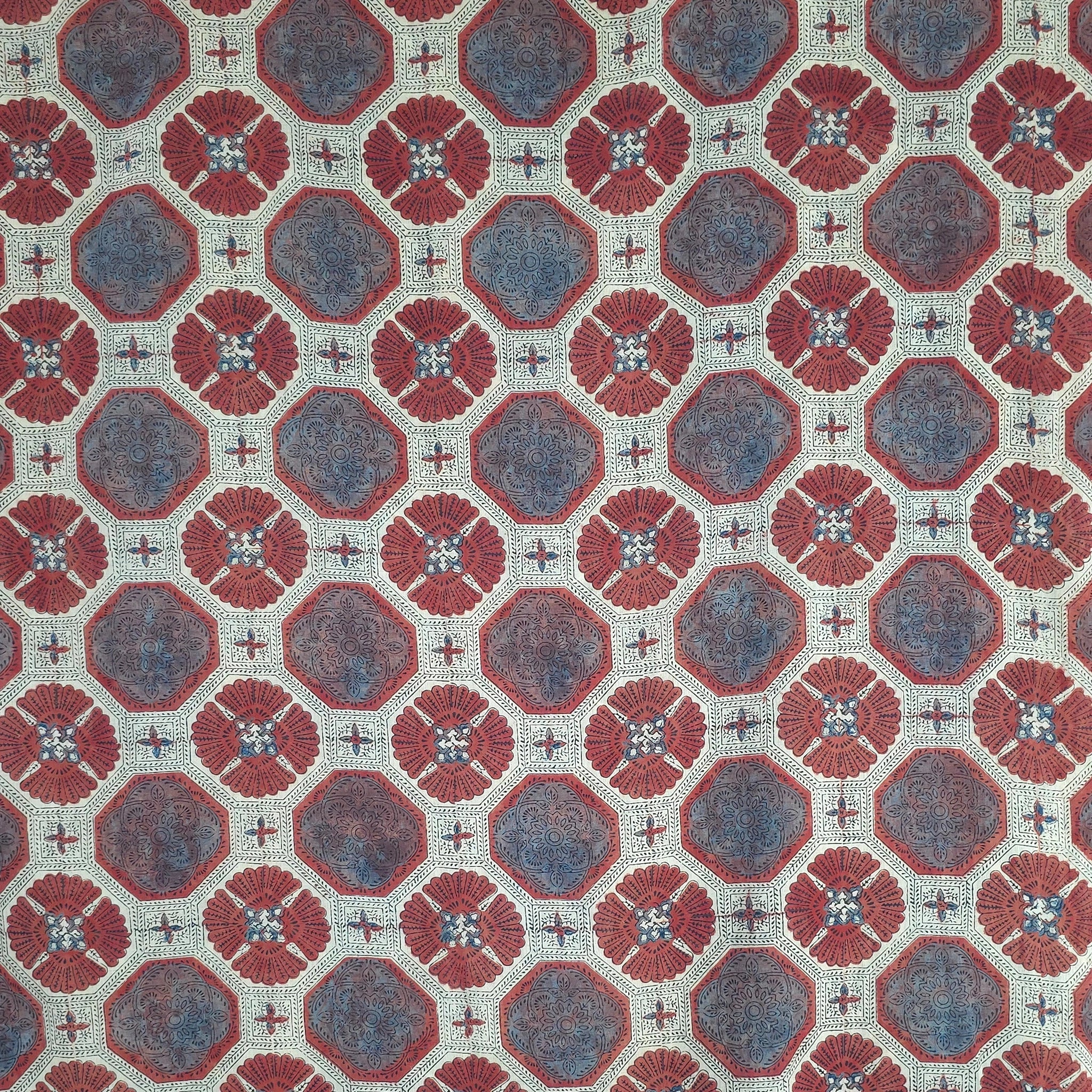 Off white Red Geometric Natural Dyed Ajrakh Hand Block Print Malmal Fabric