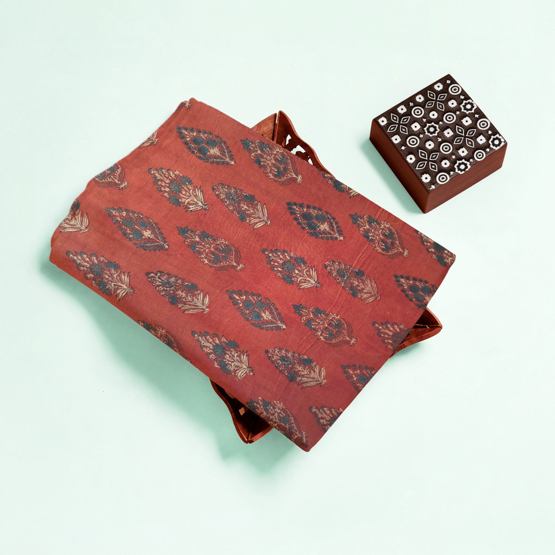 Red Buta Natural Dyed Ajrakh Hand Block Print Malmal Fabric