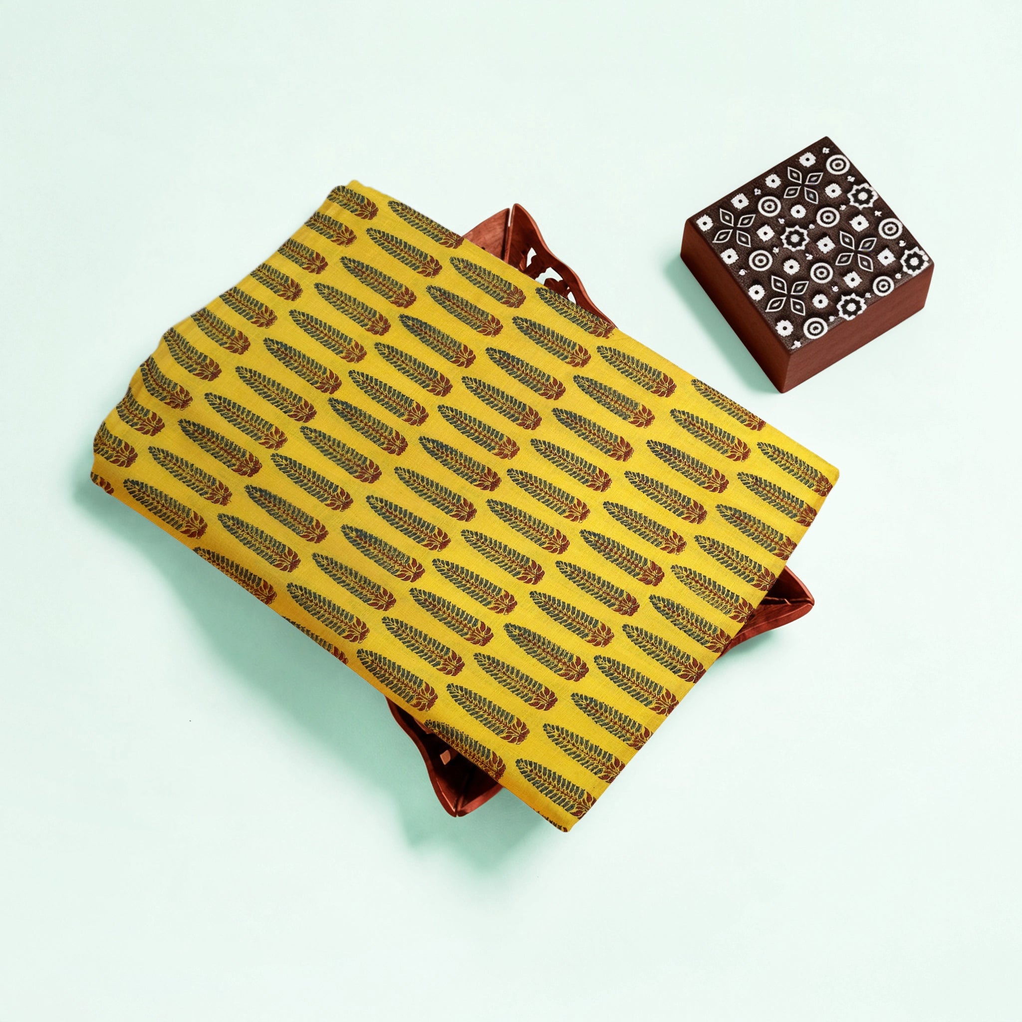 Turmeric Yellow Buta Natural Dyed Ajrakh Hand Block Print Khadi Cotton Fabric