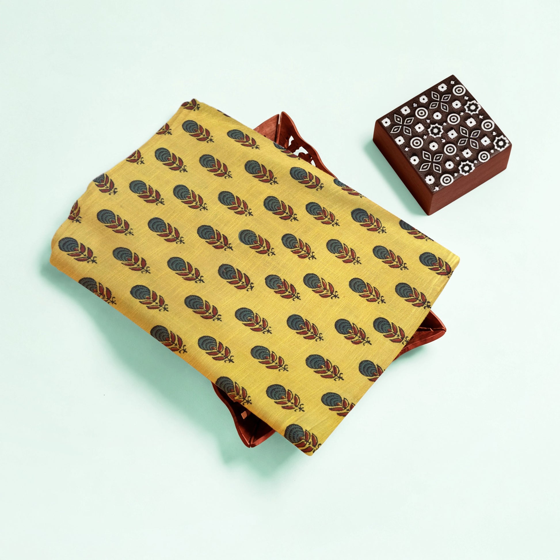 Turmeric Yellow Buti Natural Dyed Ajrakh Hand Block Print Khadi Cotton Fabric