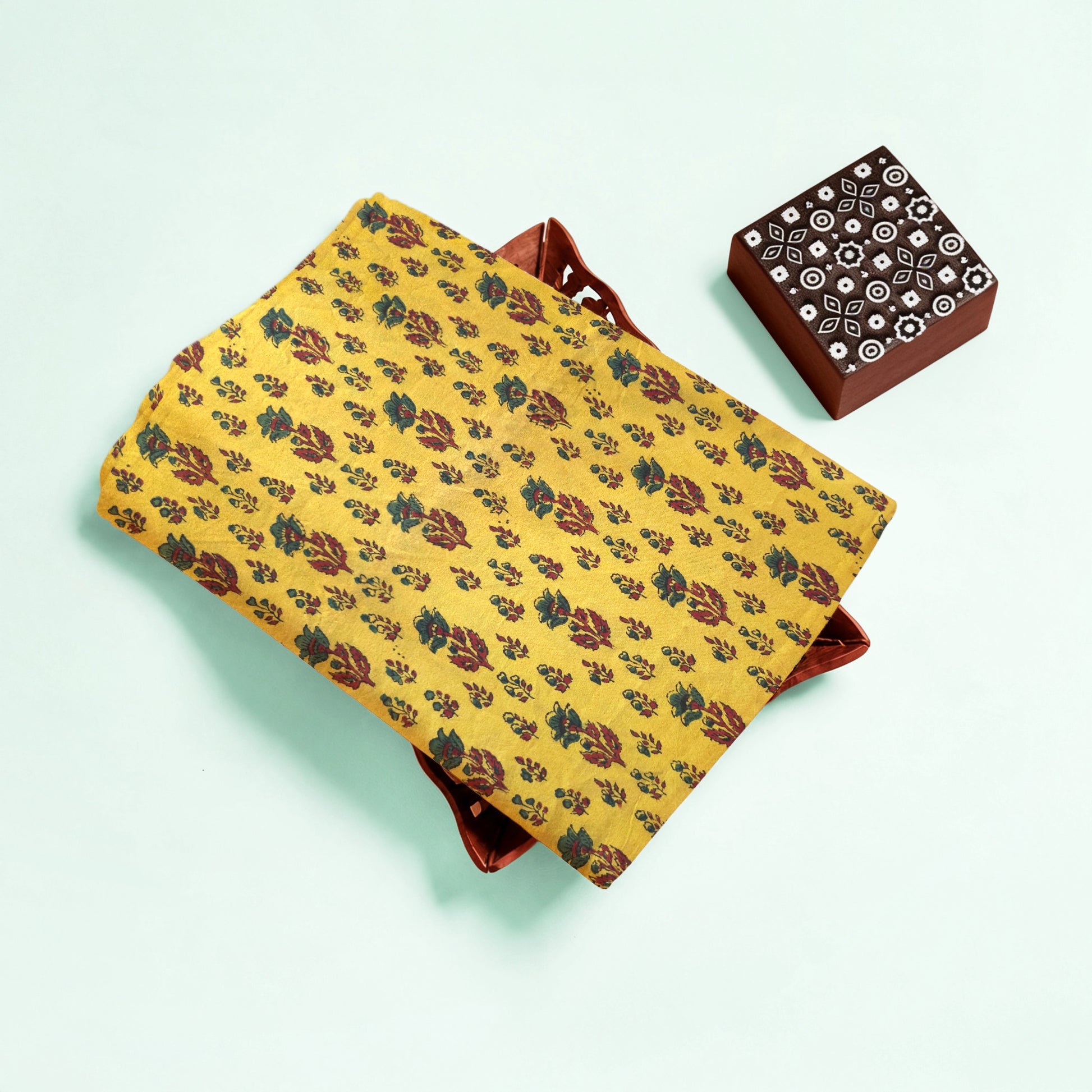 Turmeric Yellow Floral Buti Natural Dyed Ajrakh Hand Block Print Cotton Fabric