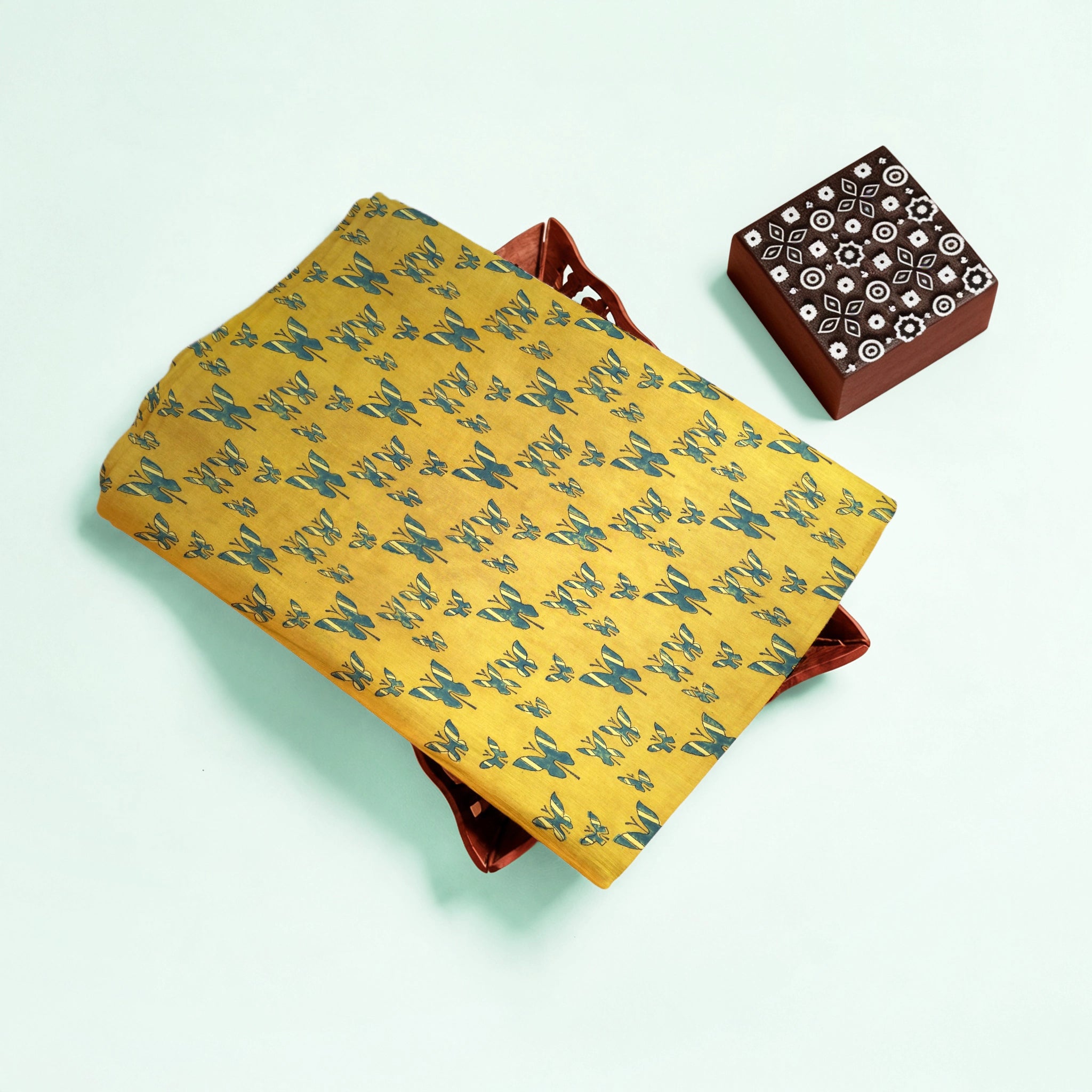 Yellow Butterfly Natural Dyed Ajrakh Hand Block Print Cotton Fabric