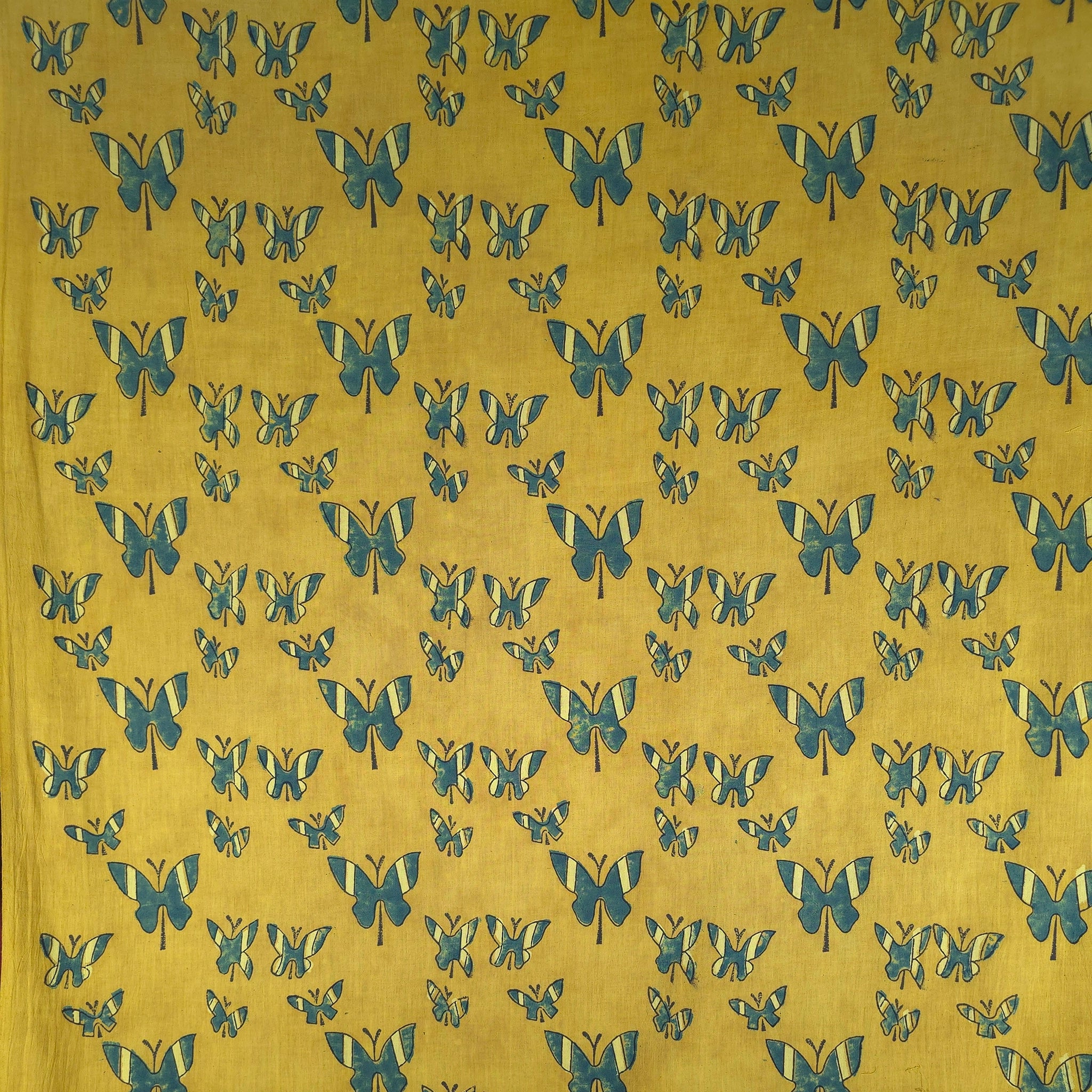 Yellow Butterfly Natural Dyed Ajrakh Hand Block Print Cotton Fabric